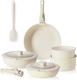 12 pcs Pots and Pans Set, Nonstick Kitchen Induction Cookware Suit with Detachable Handle, Dishwasher Oven Safe, Milky White