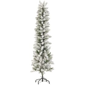7.5ft Pre-lit Snow Flocked Pencil Christmas Tree, Prelighted Artificial Slim Christmas Trees, With 350 Incandescent Lights