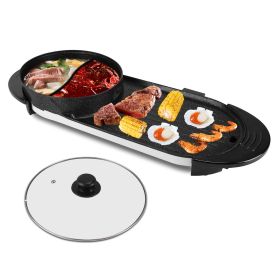 2 in 1 Electric Hot Pot with BBQ Grill Cooker 2200W Smokeless Non-Stick Korean BBQ Grill Shabu Shabu Hot Pot with Independent Temperature Control