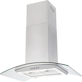 36 inch Stainless Steel Island Mount Range Hood 900CFM Tempered Glass w/LED Lights (Color: Silver - Mechanical Control)